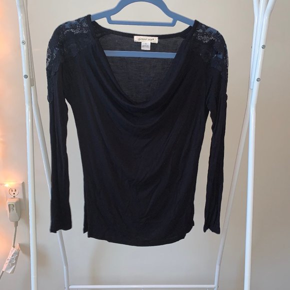 august silk Tops - August Silk Black Long Sleeve Lace Cowl-Neck Blouse